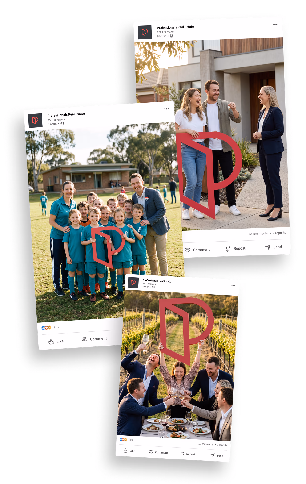 Three example entries shown as social media posts: a keys handover, a junior sports team, and an office away day, each holding the Open Door P